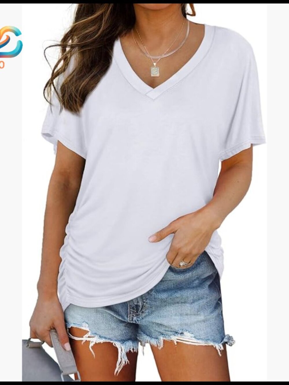 Short Sleeve V-Neck Dolman Top with Side Shirring Loose Fit T-Shirt